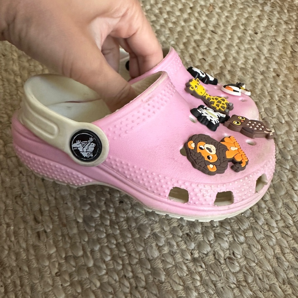 Crocs Pink White Clog Shoes with Animal Charms Sz C7 7